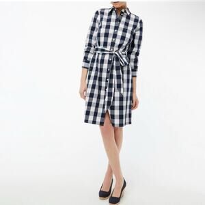 J.CREW Factory Women’s 12 Tie-Waist Poplin Gingham Blue/White Cotton Shirt Dress